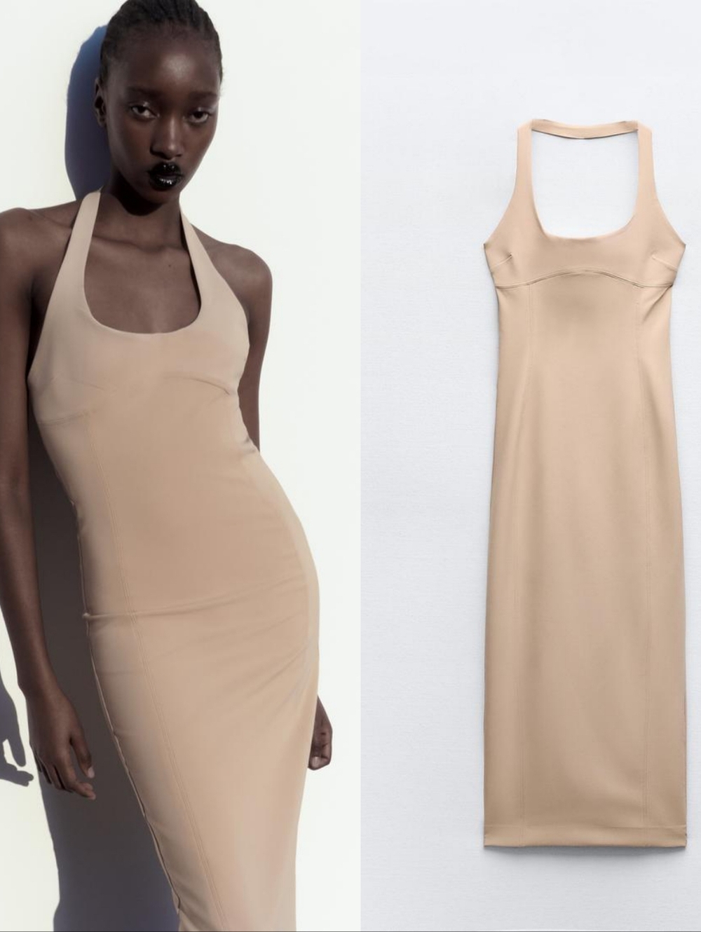 Zara beige bodycon maxi dress with halter neck and slit
